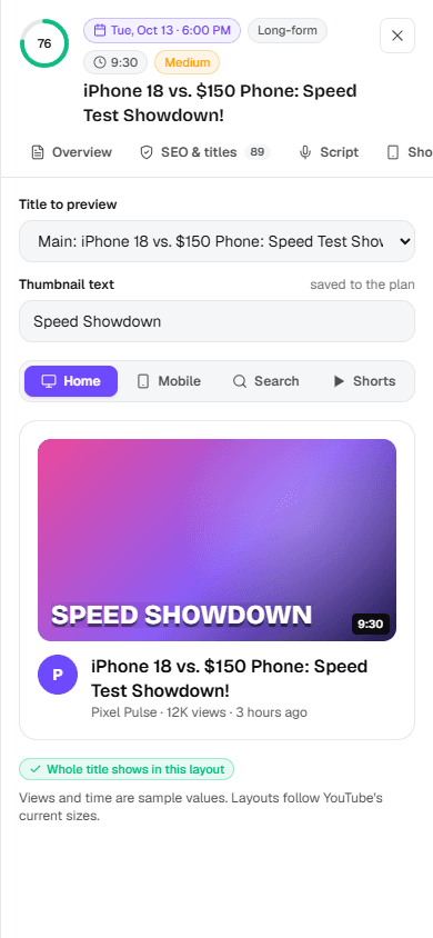 Feed preview on a phone showing how the title and thumbnail look in the YouTube home feed
