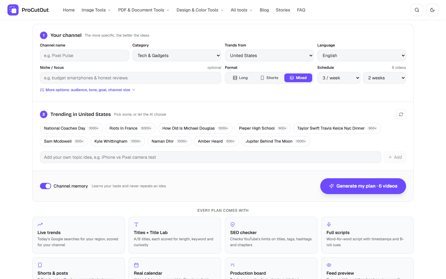 The YouTube planner setup card with channel fields, a row of live Google Trends chips and a Generate my plan button